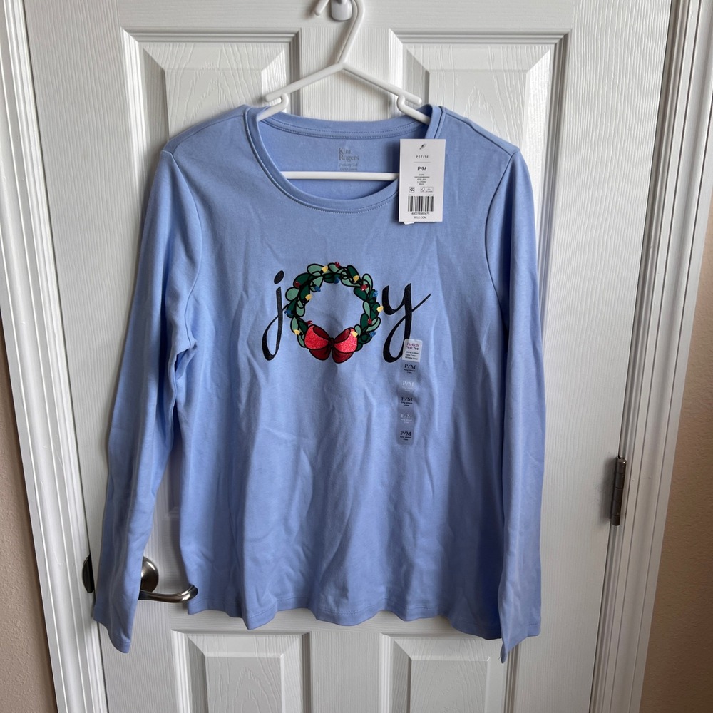 NEW Kim Rogers Christmas Joy‎ Wreath Long Sleeve Top Petite Size P/M
